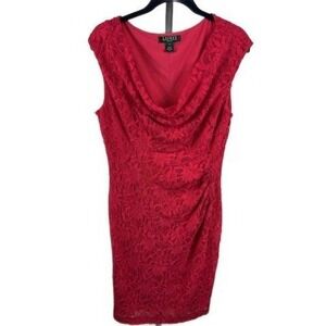 Lauren Ralph Lauren Women's Size 14 Red Lace Cap Sleeve Cowl Neck Sheath‎ Dress